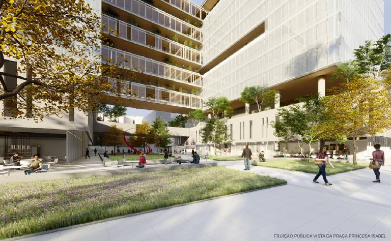 Lojas, restaurantes e grandes calçadas para circulação de pedestres integram espaços no térreo dos prédios ao entorno no projeto do arquiteto Pablo Chakur para o futuro centro administrativo do governo do estado de São Paulo