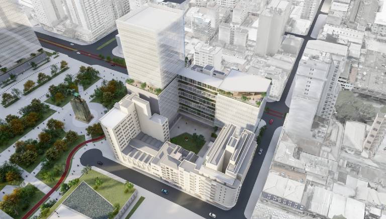 Vista do monumento ao Duque de Caixas cercado por prédios no projeto do novo centro administrativo do governo de São Paulo; proposta do arquiteto Pablo Chakur, do escritório Ópera Quatro, venceu concurso do IAB-SP