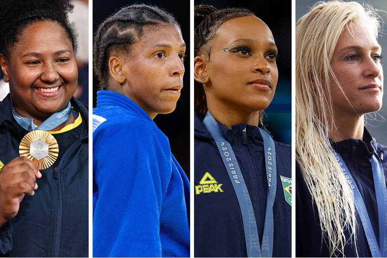 A imagem apresenta quatro atletas em um formato de colagem. A primeira atleta à esquerda está sorrindo e segurando uma medalha de ouro. A segunda atleta, com cabelo preso, está vestindo um uniforme azul e tem uma expressão séria. A terceira atleta, também em uniforme azul, está olhando para frente com uma expressão concentrada. A quarta atleta, à direita, tem cabelo longo e liso, e está com uma expressão neutra.
