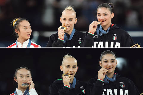 Chinesa imita italianas 'mordendo' medalha no pódio de ginástica artística