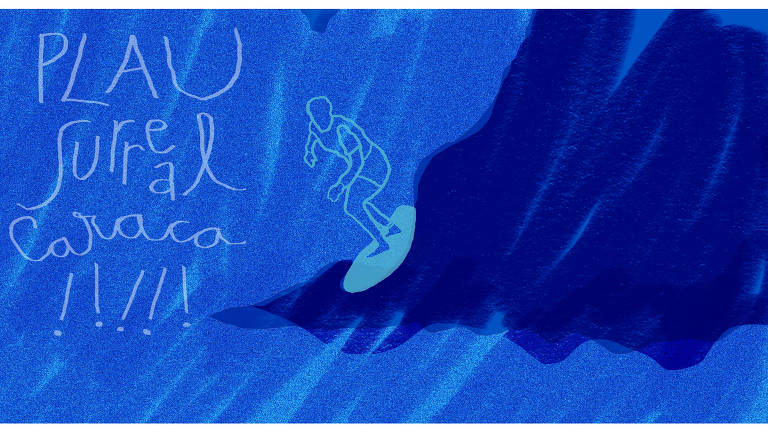 A ilustração é toda em tons de azul, evocando o mar. Um surfista em cima da prancha está pegando uma onda grande. Do lado esquerdo da ilustração, há três palavras com exclamações, escritas à mão --- foram usadas por comentaristas surfistas entusiasmados durante transmissão dos jogos olímpicos: Plau! Surreal! Caraca!