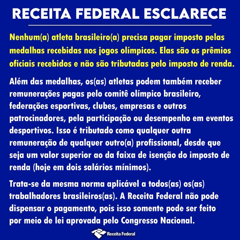 A imagem contém um texto informativo da Receita Federal que esclarece sobre a obrigatoriedade de pagar imposto sobre prêmios recebidos. O texto menciona que os beneficiários devem declarar esses prêmios e que a tributação deve ser feita conforme a legislação vigente. 