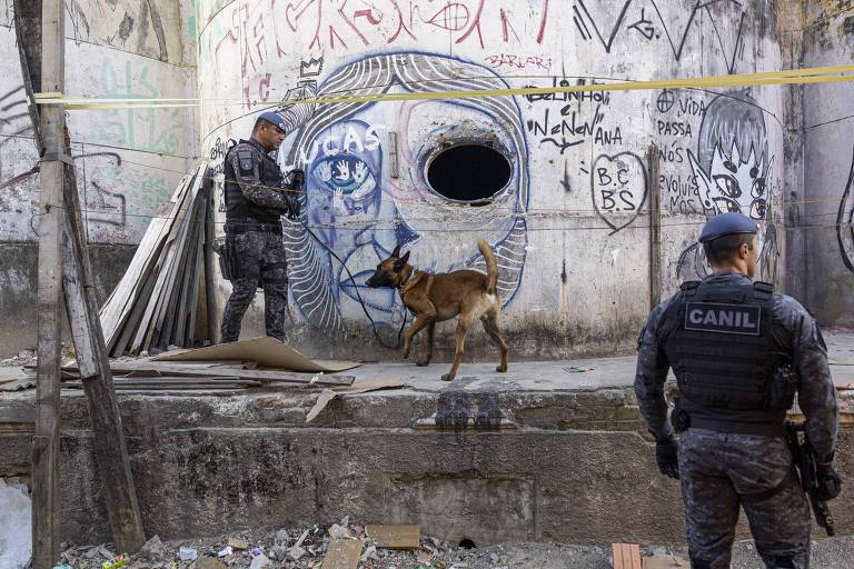 A imagem mostra dois policiais em frente a um muro grafitado. Um dos policiais está observando um cão em atividade. Ao fundo, há um buraco na parede e materiais de construção espalhados pelo chão.