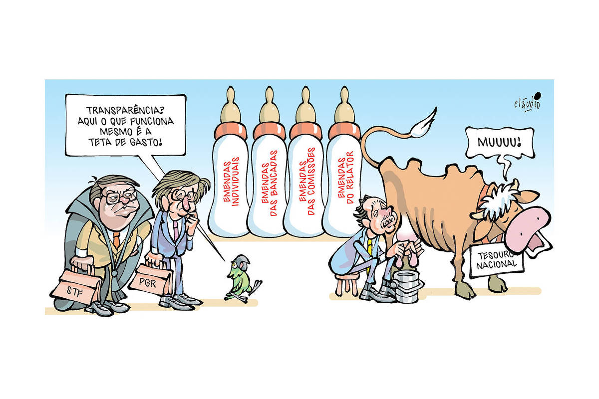 A charge mostra o presidente do Congresso, Rodrigo Pacheco, ordenhando uma vaca. Em primeiro plano, estão Flávio Dino, ministro do Supremo Tribunal Federal, e Paulo Gonet, Procurador-Geral da República. Junto deles está um papagaio, que diz: - Transparência? Aqui o que funciona mesmo é a teta de gasto! Ao fundo, aparecem quatro mamadeiras gigantes, cada uma com uma inscrição: “emendas individuais”, “emendas das bancadas”, “emendas das comissões” e “emendas do relator”. Na vaca há uma placa com as palavras “Tesouro Nacional”. A vaca muge: - Muuuu!
