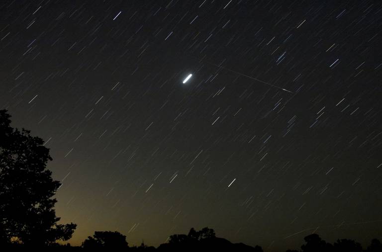 A imagem mostra um céu noturno com meteoros em movimento, evidenciado por traços de luz que se estendem em várias direções. No centro, há um objeto brilhante, possivelmente um planeta, cercado por estrelas mais tênues. A silhueta de árvores é visível na parte inferior da imagem, enquanto o horizonte apresenta uma leve iluminação.