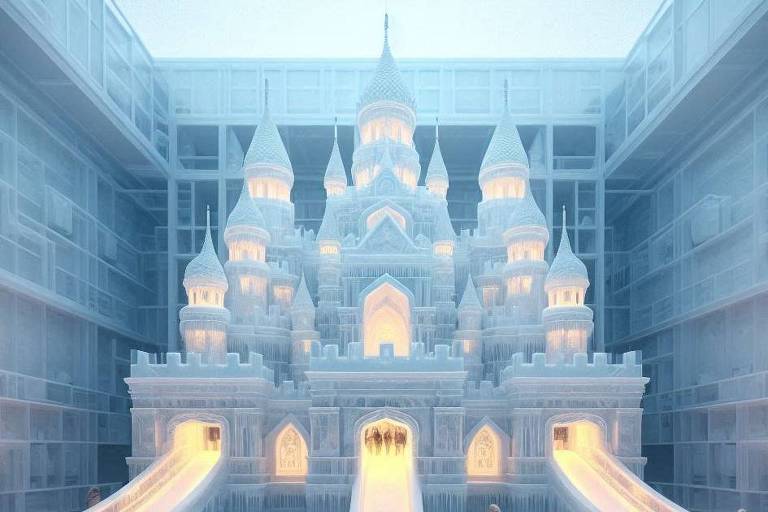 A imagem mostra um grande castelo de gelo com torres e detalhes arquitetônicos, iluminado por luzes quentes. Na frente do castelo, há duas rampas de escorregador. Várias pessoas, vestindo roupas de inverno, estão caminhando ao redor do castelo e algumas estão se preparando para descer pelos escorregadores. O ambiente é frio e parece ser um espaço fechado, com paredes de gelo ao fundo.