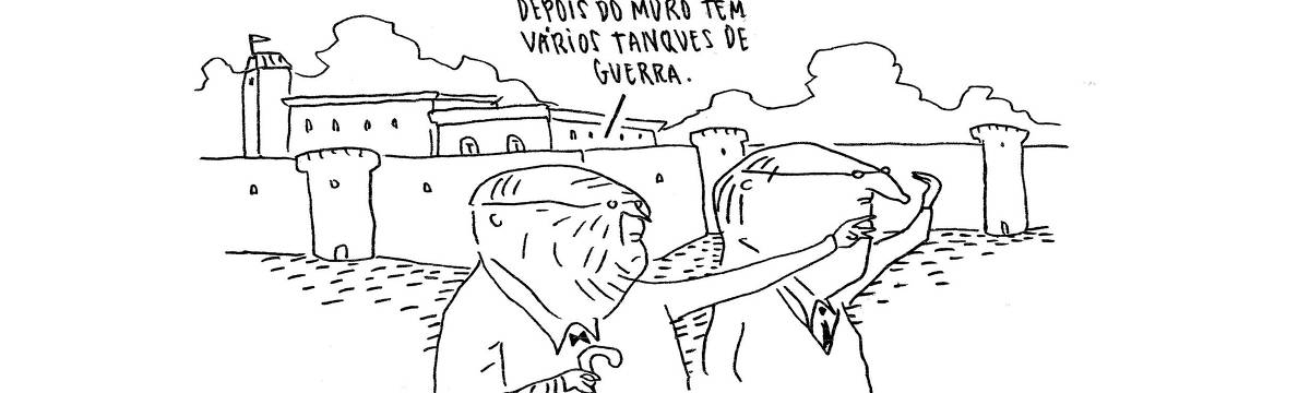 A tira de André Dahmer, publicada em 09.08.2024, tem apenas um quadro. Nele, dois senhores de idade e bem vestidos estão dentro de um castelo. Um dele, de bengala na mão e apontando para algo fora do quadro, diz: "Depois do muro tem vários tanques de guerra".