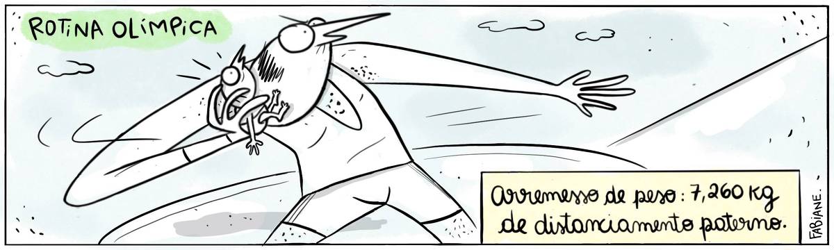 A tira Viver Dói, de Fabiane Langona, publicada em 09/08/2024 intitulada "Rotina Olímpica" é composta por um único quadro. Nele vemos um atleta da modalidade de arremesso de peso. Em uma das mãos, destinada para arremessar a bola de metal, vemos ao invés dela um bebê. O bebê parece um tanto apavorado. O atleta mostra-se concentrado, pronto para dar o seu melhor.  No quadrinho 1, uma legenda narrativa na base do quadro diz: "Arremesso de peso: 7,260 kg de distanciamento paterno".