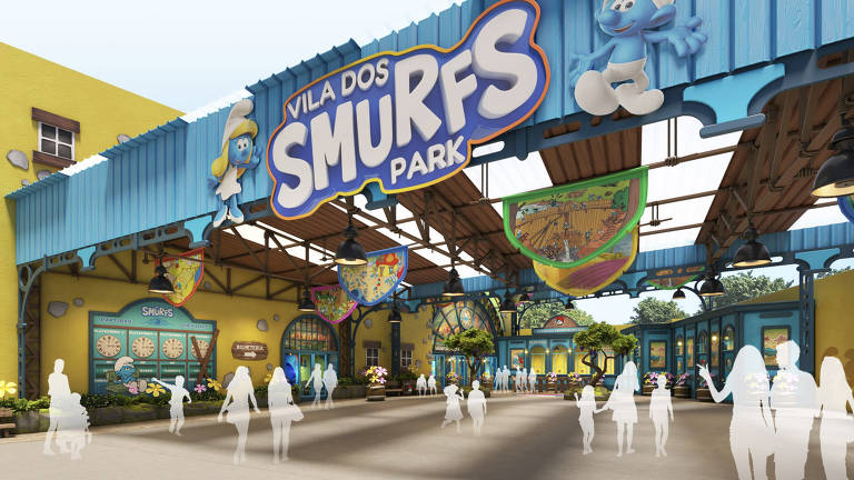 Projeto 3D da entrada do Vila dos Smurfs Park, que será inaugurado no bairro da Saúde, em São Paulo, em 2025