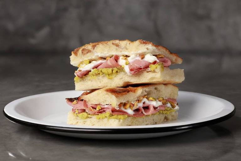 Um sanduíche cortado ao meio, empilhado em um prato branco com borda preta. O sanduíche é composto por fatias de pão, presunto, maionese e um recheio verde que parece ser guacamole ou pasta de abacate. A parte superior do sanduíche é levemente dourada e crocante.