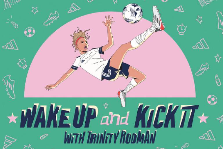 Capa do livro 'Wake Up and Kick It', de autoria da jogadora de futebol norte-americana Trinity Rodman, que traz a ilustração de uma jogadora executando uma bicicleta