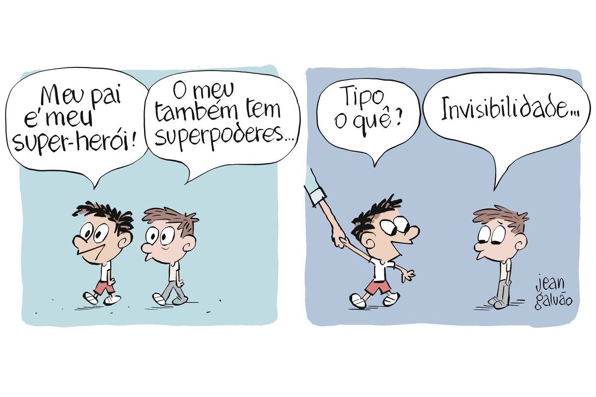 A charge de Jean Galvão publicada na Folha tem duas cenas. O primeiro quadro mostra dois meninos pequenos caminhando e conversando. O primeiro, de cabelo escuro, diz: "Meu pai é meu super-herói!", enquanto o segundo, de cabelo claro, responde: "O meu também tem superpoderes...". Na quadro seguinte, o primeiro menino, sendo puxado pela mão por alguém fora de cena, pergunta curioso: "Tipo o quê?". O segundo menino, agora parado com as mãos no bolso e olhando para o chão, responde: "Invisibilidade...".