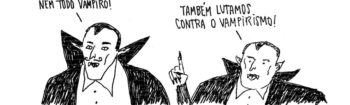 A tira de André Dahmer, publicada em 12.08.2024, tem apenas um quadro. Nele, dois vampiros estão, lado a lado, indignados. O primeiro fala: "Nem todo vampiro!". O segundo, dedo em riste, diz: "Também lutamos contra o vampirismo!".