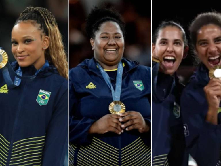 Em foto montagem, três medalhistas de ouro nas Olimpíadas 2024