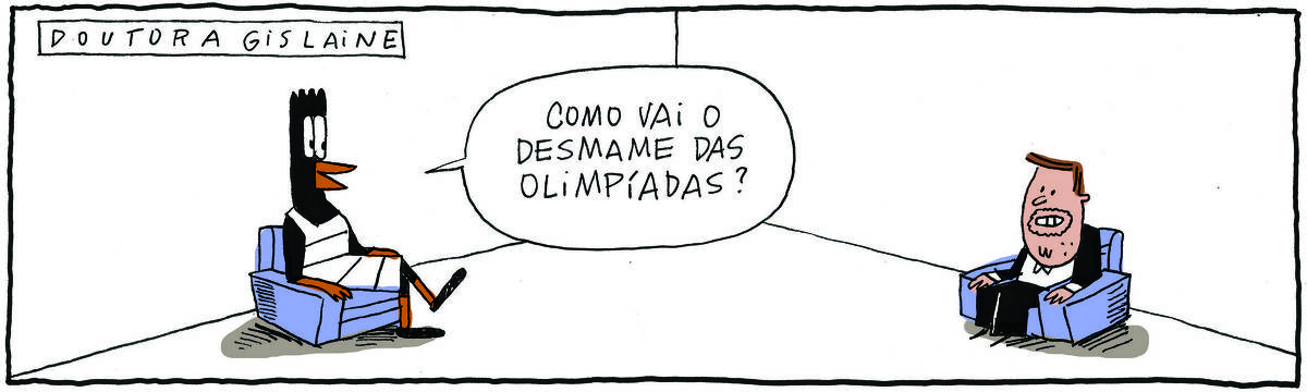 A tirinha DOUTORA GISLAINE, publicada em 13/08/2024, com 1 quadrinho, traz o PROFESSOR ROCHA, homem branco, gordinho, calça e paletó pretos, camisa branca e cavanhaque, sentado em uma poltrona ao lado de DOUTORA GISLAINE, uma ave preta pernalta, com bico laranja e vestido branco com listas pretas, também sentada em uma poltrona. É uma sessão de terapia. O professor está com cara de nervoso e a doutora pergunta: Como vai o desmame das Olimpíadas?