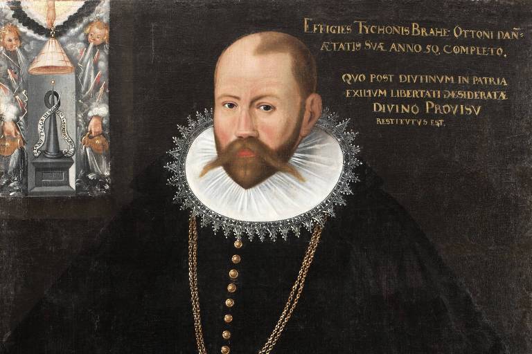 pintura retrata um nobre com bigode e barba e parcialmente careca. ele está vestido de preto e aparece diante de um fundo preto