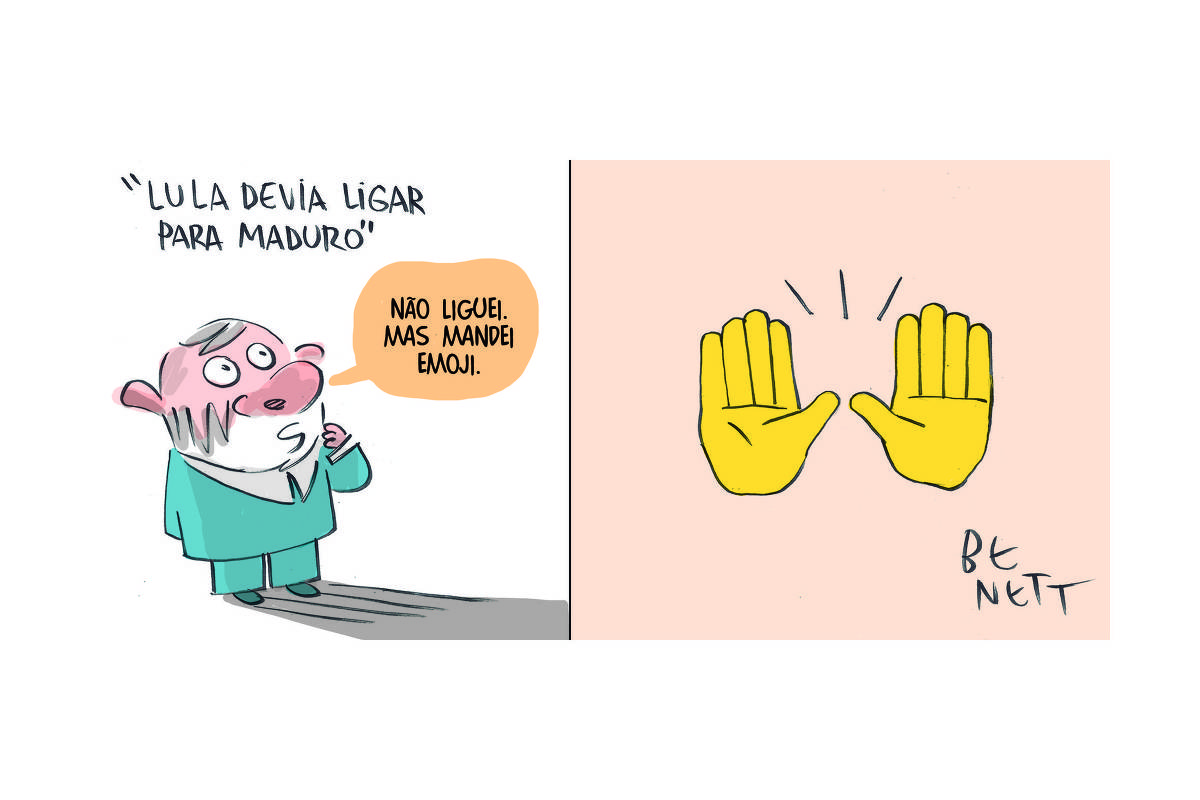 A charge de hoje publicada pela Folha em todas as suas plataformas é de Benett (@cartunistabenett) e tem o título "Lula devia ligar para Maduro"em referência à fala do ex-presidente da Costa Rica  e Nobel da Paz Óscar Árias. O desenho mostra o presidente Lula de terno azul no primeiro quadro, que responde: - Eu não liguei. Mas mandei emoji. No segundo quadro o desenho mostra duas mãos espalmadas para cima, que significa algo como uma comemoração ou um elogio. 