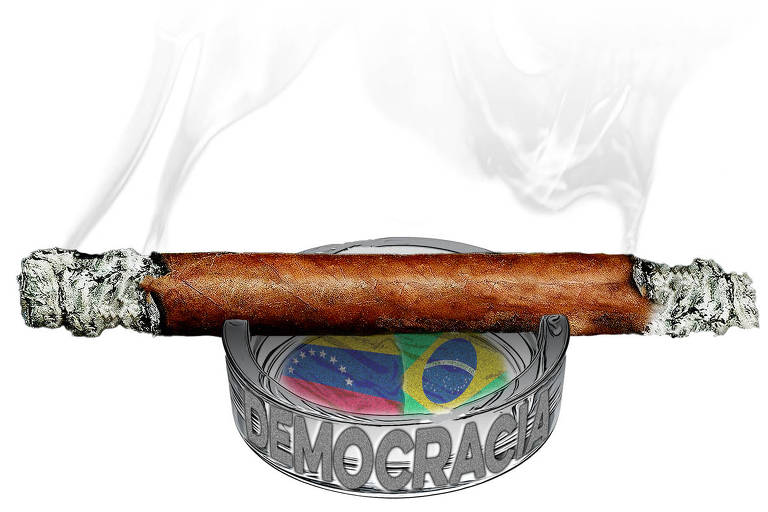 Na ilustração, um cigarro Havana acesso dos dois lado, com bastante fumaça e cinzas da cada lado. Está apoiado num cinzeiro de cristal, com as bandeiras da Venezuela e do Brasil pintadas na base transparente. Na lateral do cinzeiro, está gravada a palavra democracia toda em caixa alta. O fundo da ilustração é branco.