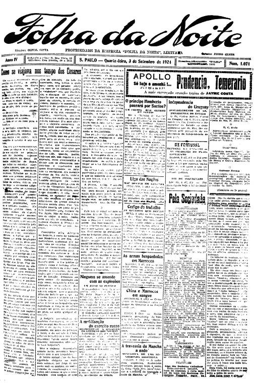 Primeira Página da Folha da Noite de 3 de setembro de 1924