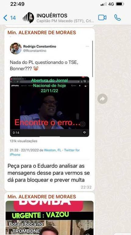 Print de mensagem via WhatsApp em que Alexandre de Moraes faz pedido ao seu juiz instrutor Airton Vieira