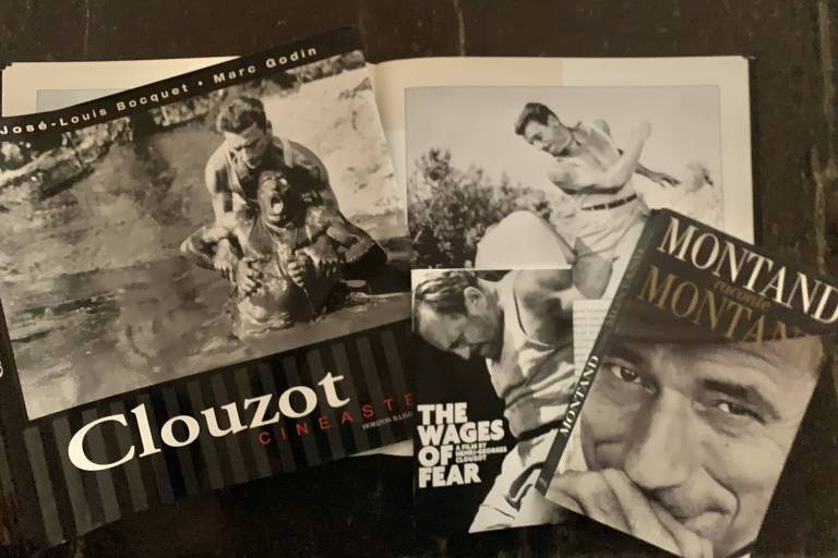 Livros sobre o cineasta Henri-Georges Clouzot e o ator Yves Montand e o DVD do filme de ambos, O Salário do Medo, passado na Venezuela