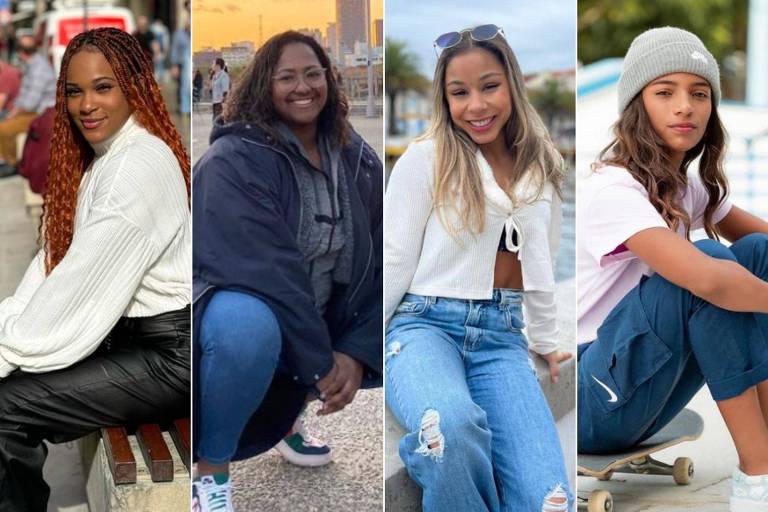 Em foto colorida, quatro mulheres são colocadas em uma montagem