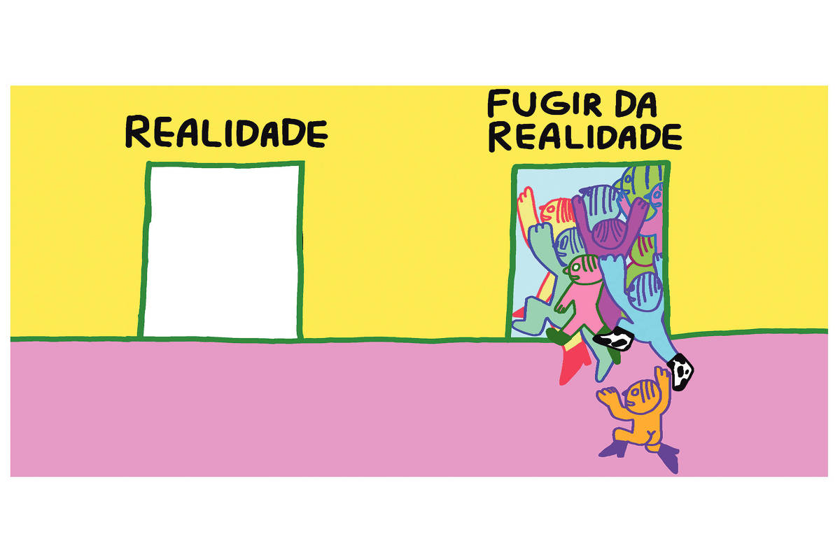 A imagem apresenta duas portas em uma parede amarela e chão rosa. A porta à esquerda é rotulada como 'REALIDADE' e está vazia. A porta à direita é rotulada como 'FUGIR DA REALIDADE' e está cheia de pessoas estilizadas coloridas correndo para entrar nela.