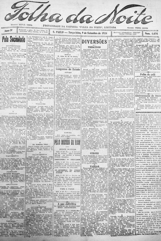 Primeira Página da Folha da Noite de 9 de setembro de 1924