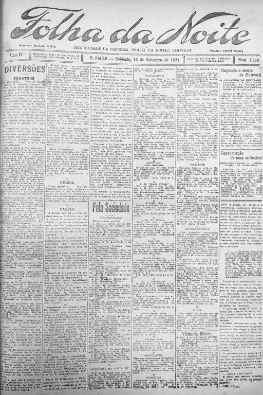 Primeira Página da Folha da Noite de 13 de setembro de 1924