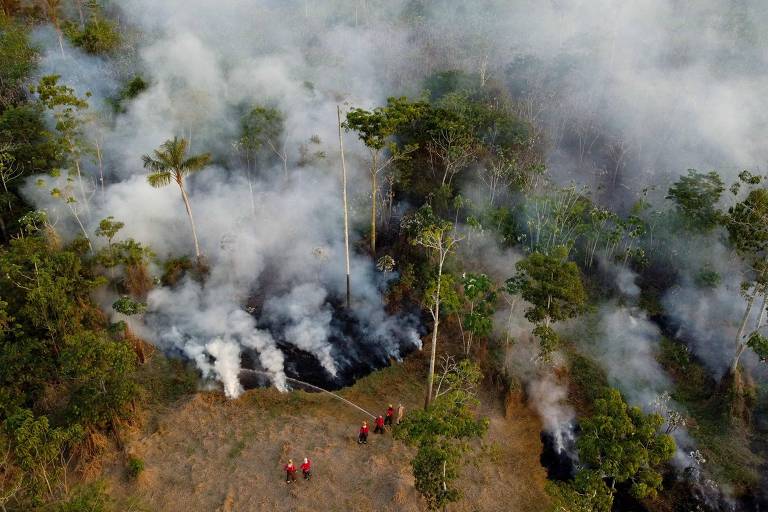 Vista de drone de bombeiros jogando água com mangueiras em vegetação queimada; há muita fumaça branca no ar