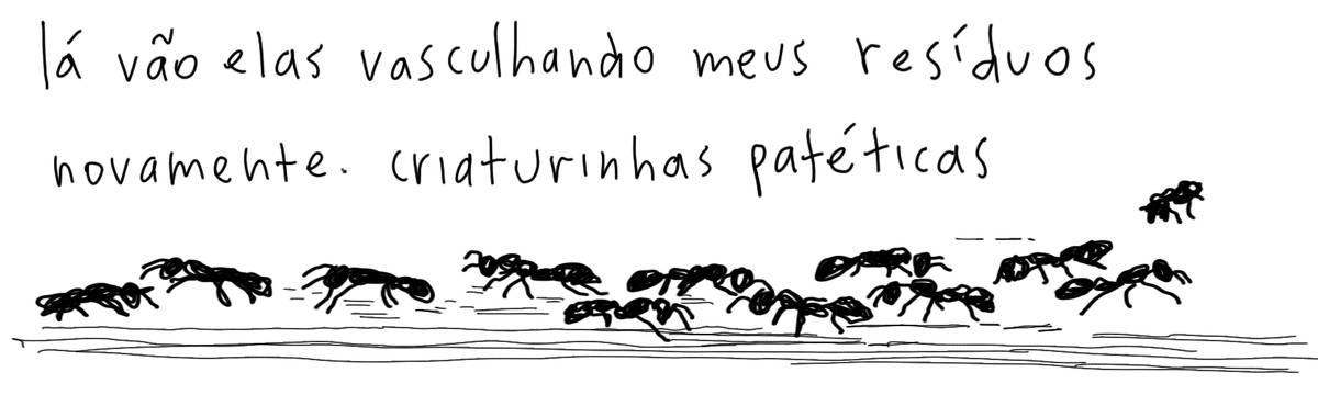 A tirinha em preto e branco de Estela May, publicada em 16/08/24, traz um desenho de formigas e acima da imagem “lá vão elas vasculhando meus resíduos novamente. criaturinhas patéticas”.