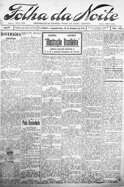 Primeira Página da Folha da Noite de 15 de setembro de 1924