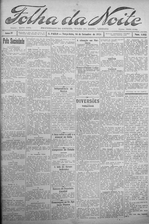 Primeira Página da Folha da Noite de 16 de setembro de 1924