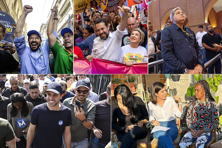 Candidatos Ricardo Nunes (MDB), Guilherme Boulos (PSOL), José Luiz Datena (PSDB), Pablo Marçal (PRTB) e Tabata Amaral (PSB) em campanha na capital paulista