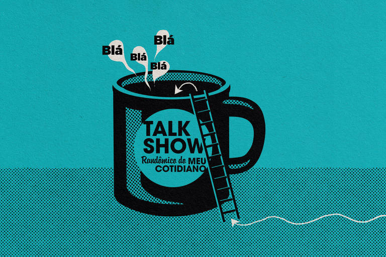 Na ilustração de Marcelo Martinez: uma caneca gigante, com o logotipo "Talk Show Randômico do Meu Cotidiano". Uma escada está apoiada na caneca. Setas indicam o trajeto que alguém fez até a escada para, em seguida, pular para dentro da caneca  de onde saem balões de fala, escrito "Blá, blá, blá, blá".