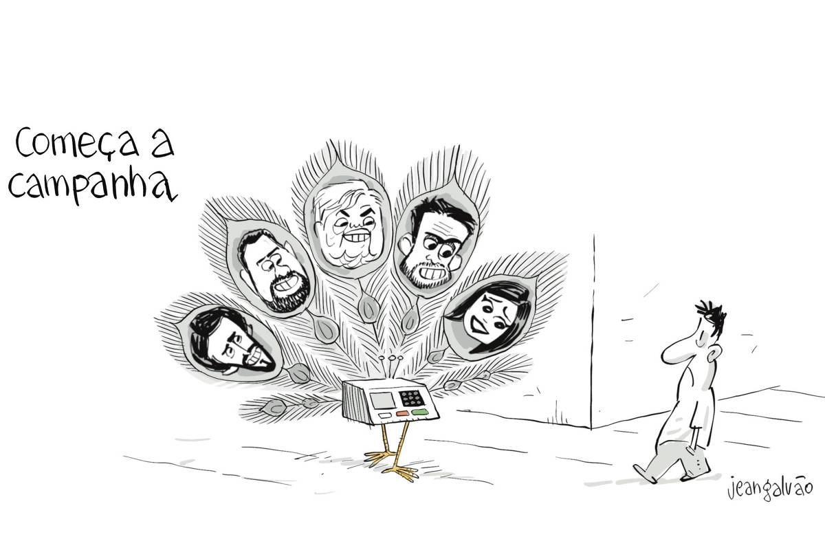 Charge de Jean Galvão com o título “Começa a Campanha” mostra uma urna eletrônica com pernas de pássaro. No lugar da cauda, ela exibe penas de pavão. Em cada uma das penas estão os rostos caricaturados de diferentes candidatos à Prefeitura de São Paulo: Nunes, Boulos, Datena, Marçal e Tabata. Do outro lado, um homem simples caminha observando a urna-pavão com uma expressão de surpresa.