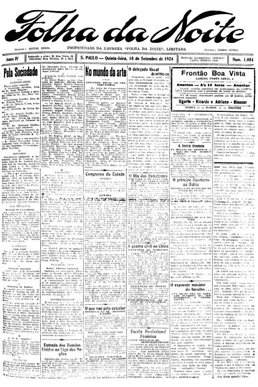 Primeira Página da Folha da Noite de 18 de setembro de 1924