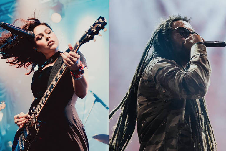 A imagem mostra dois músicos. À esquerda, Pitty, uma mulher branca com cabelo castanho liso, toca guitarra, enquanto à direita, Marcelo Falcão, com dreadlocks, canta em um microfone. O fundo das apresentações é iluminado com luzes coloridas.