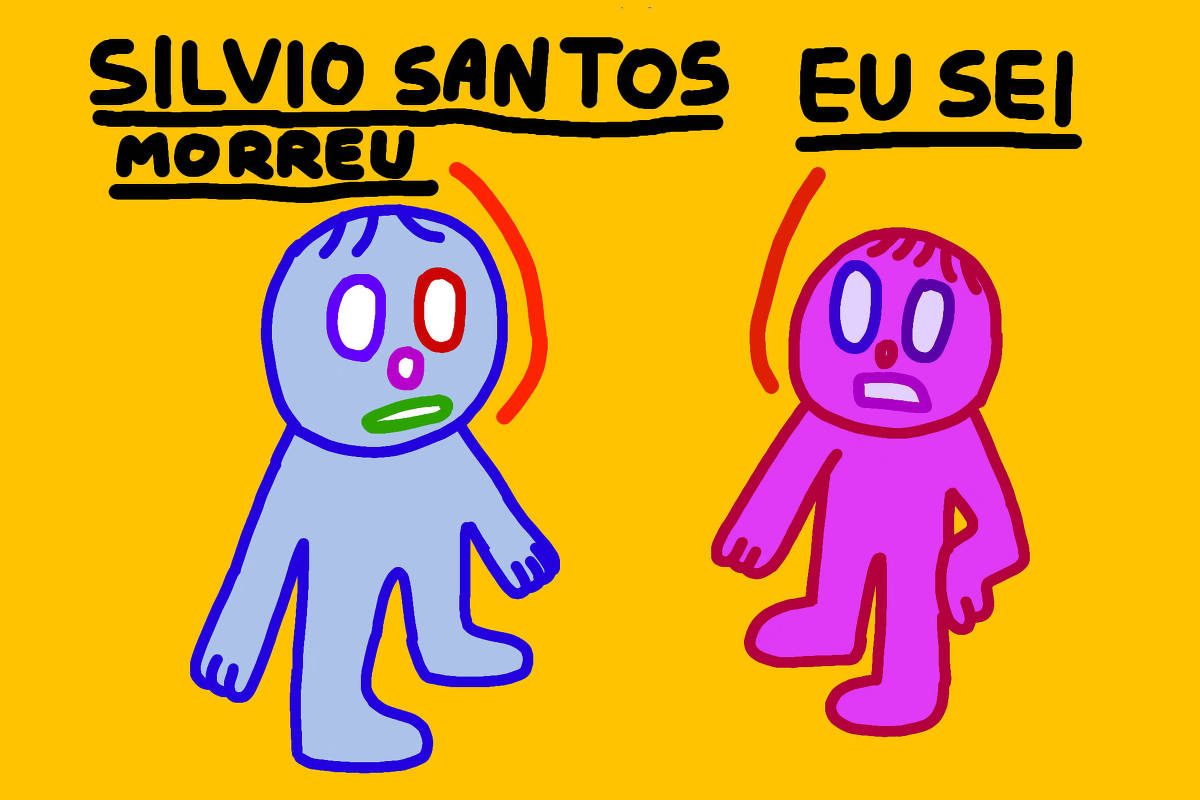 Charge de Pedro Vinicio, em uma cena, apresenta dois personagens estilizados em um fundo amarelo. O personagem à esquerda é azul, com olhos brancos, um nariz vermelho e uma boca verde. O personagem à direita é rosa, com olhos brancos e um nariz vermelho, expressando surpresa. Acima do personagem azul, está escrito 'SILVIO SANTOS MORREU' e acima do personagem rosa, está escrito 'EU SEI'.