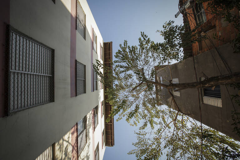 Prédio da CDHU (à esq.) e casa com quatro andares têm quase a mesma altura na comunidade Vila Sílvia, na zona leste de São Paulo
