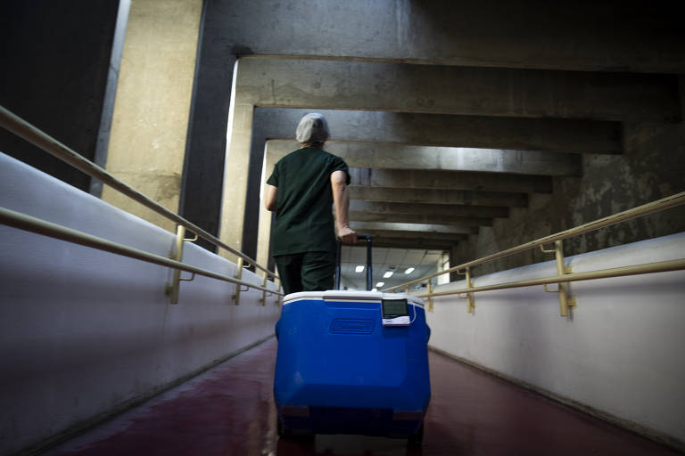 Mulher, vestindo um uniforme escuro e de touca plástica branca, está no meio de um corredor largo, dentro de uma maternidade, puxando uma caixa térmica azul pela alça