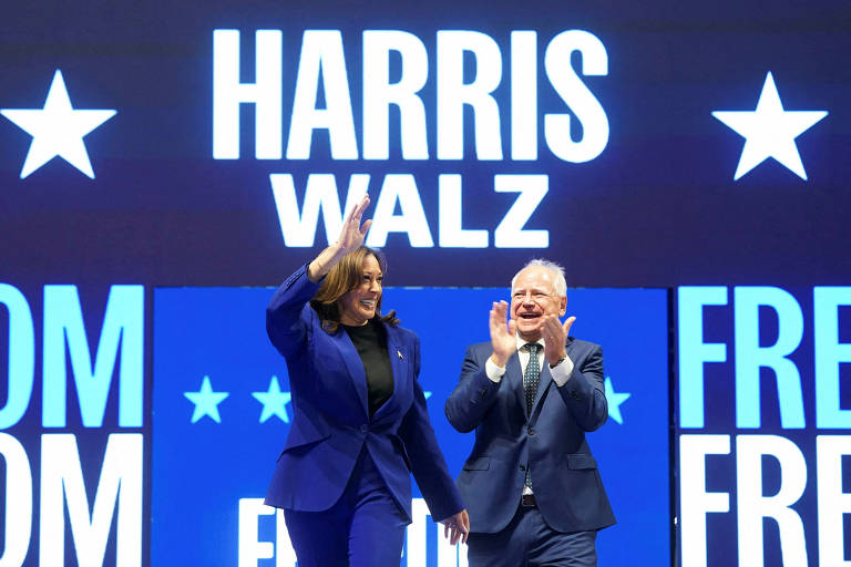 O governador de Minnesota foi o escolhido do Partido Democrata para ser o vice na chapa de Kamala Harris na campanha à Presidência; na foto, eles estão em comício em Milwaukee, Wisconsin
