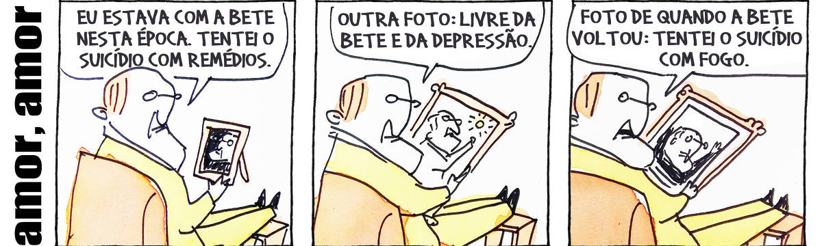 A tira de André Dahmer, publicada em 23.08.2024, tem três quadrinhos. Com um legenda que diz "Amor, amor", um homem aparece segurando um porta-retrato no primeiro quadrinho. Ele diz: "Eu estava com a Bete nesta época. Tentei o suicídio com remédios". No segundo quadrinho, o mesmo homem segura outro porta-retrato. Ele diz: "Outra foto: livre da bete e da depressão". No terceiro e último quadro, o mesmo homem segura outro porta-retrato. Ele diz: "Foto de quando a Bete voltou: tentei o suicídio com fogo".