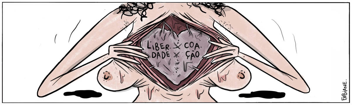 A tira Viver Dói, de Fabiane Langona, publicada em 23/08/2024 é composta por um único quadro. Nele vemos o torso de uma mulher em close sem mostrar o rosto, vemos apenas seus cabelos encaracolados na altura do pescoço. Ela está abrindo o peito, literalmente. Vemos as dobras de pele externas e internas, explicitando suas vísceras. Dentro do peito vemos um coração arroxeado, combalido e remendado. O coração tem dois lados, unidos por uma costura mal ajambrada. Num dos lados, lê-se a palavra "liberdade" e no outro, a palavra "coação". 