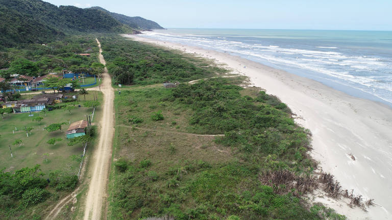 foto aérea de mar à direita e de casas em meio à vegetação, à esquerda