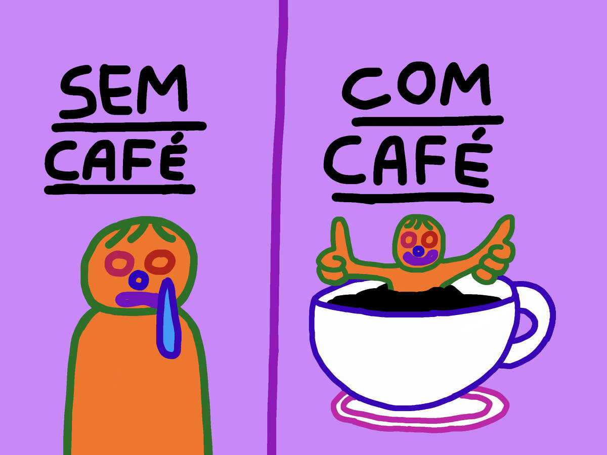 A imagem é dividida em duas partes. À esquerda, um personagem laranja com cabelo verde e expressão triste, com a boca aberta e uma gota de saliva azul, está sob o texto 'SEM CAFÉ'. À direita, o mesmo personagem aparece feliz, com os braços levantados em sinal de aprovação, dentro de uma xícara branca com café, sob o texto 'COM CAFÉ'. O fundo é roxo.