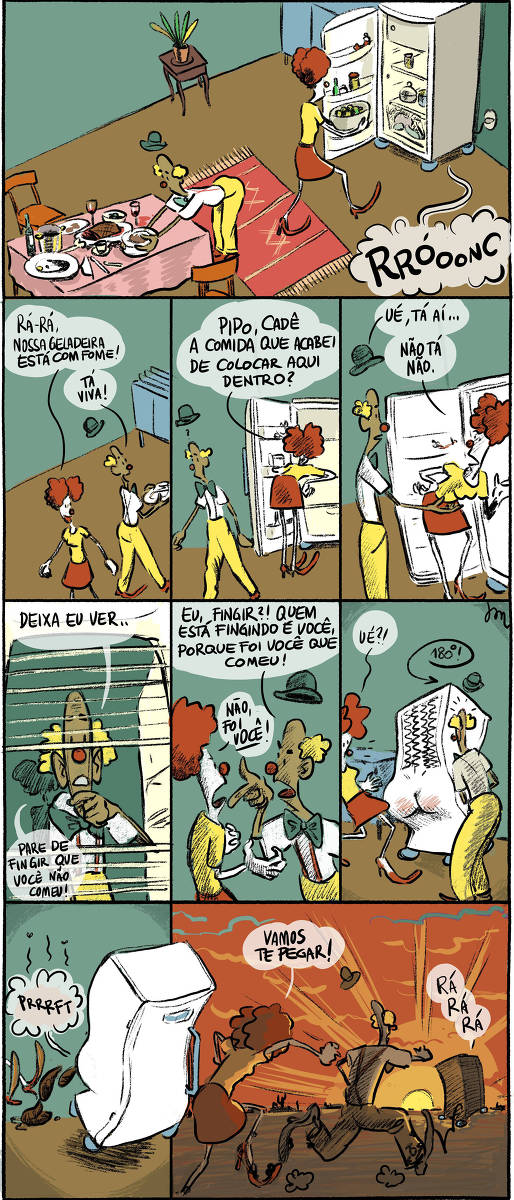 Pepita e Pipo, após uma discussão sobre quem estava roubando a comida, descobrem que a geladeira está viva e devorando tudo. No momento da revelação, a geladeira surpreendentemente defeca aos seus pés e foge rindo sarcasticamente.