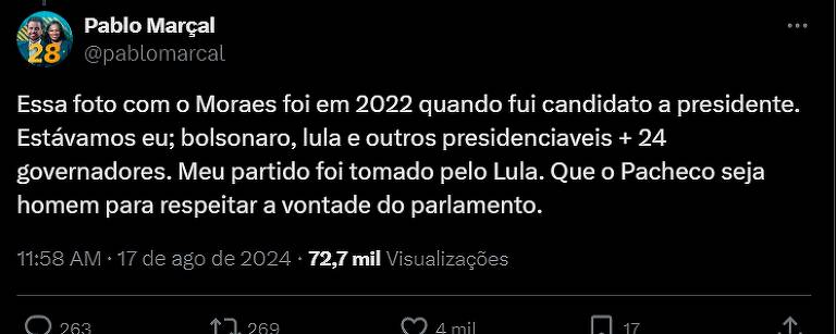 Marçal respondeu à postagem do deputado federal