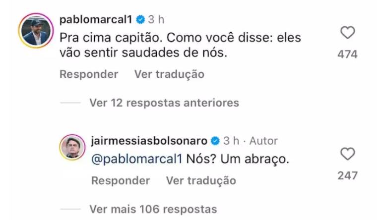 No dia 22, o autodenominado ex-coach comentou postagem de Bolsonaro e ganhou resposta irônica