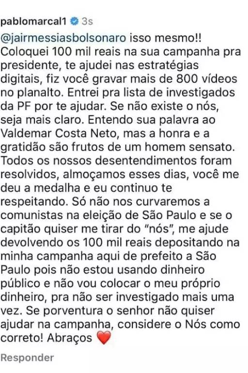 Na tréplica, pediu de volta R$ 100 mil reais que teria doado à campanha de Bolsonaro em 2022